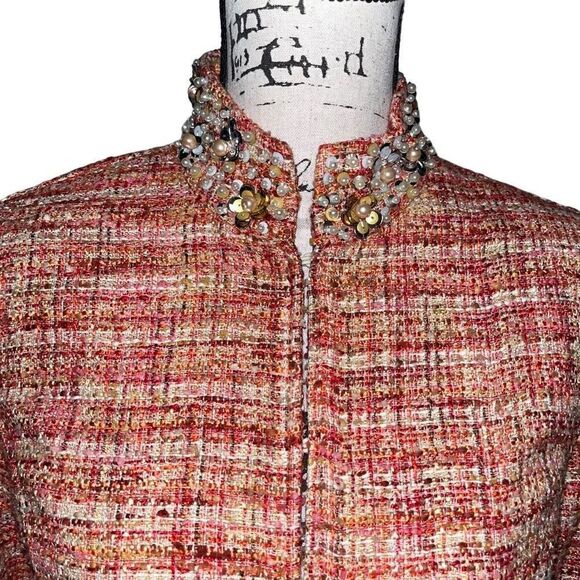 Chico’s orange & white tweed pearl collar jacket - Picture 3 of 6